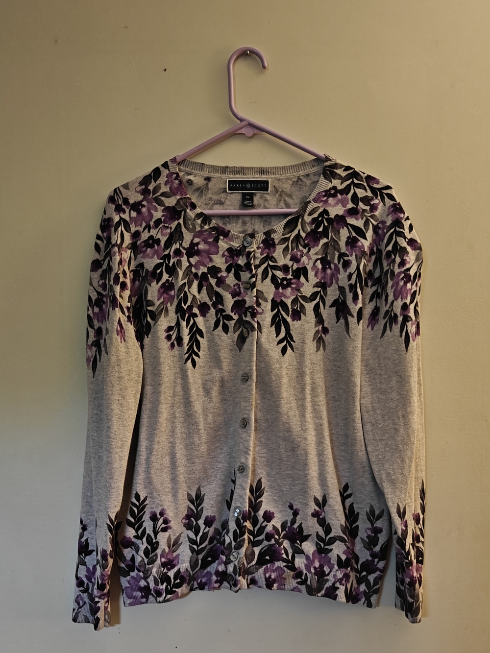 Karen Scott Gray Cardigan with Lavender Floral Accents, Size XL